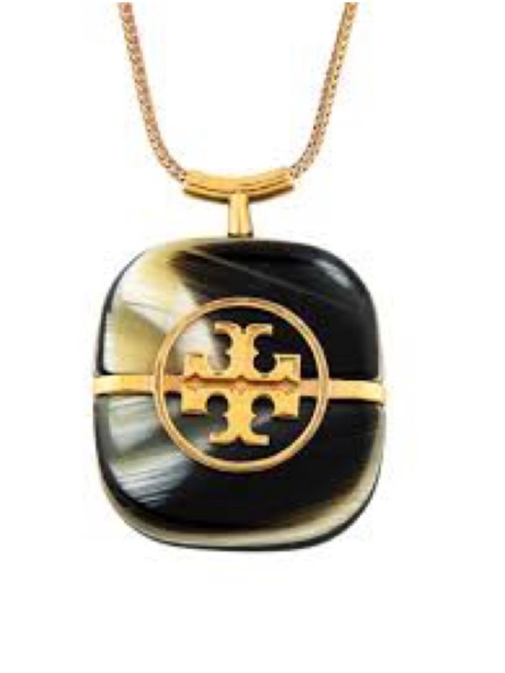 Tory Burch Gold-Tone Black and Cream Logo Pendant Necklace